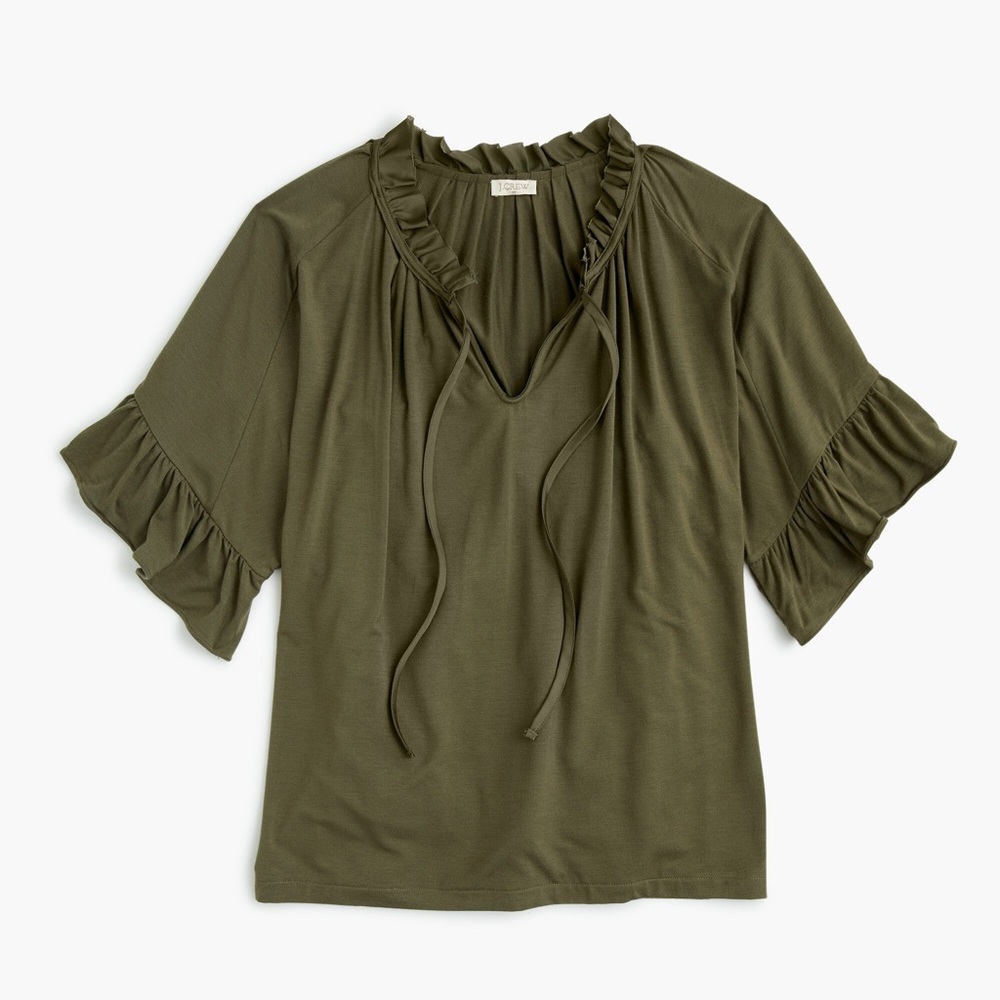 J. Crew Olive Green Oversized Dolman Sleeve Ruffle-trimmed Tie-neck T-shirt